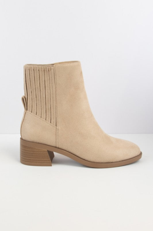 Slip on Bootie with Almond Toe and Low Block Heel