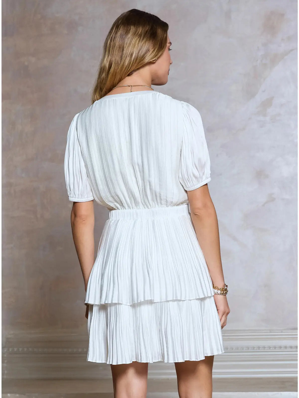 Pleated Tiered Short Sleeve Mini Dress with Elastic Cinch Waist