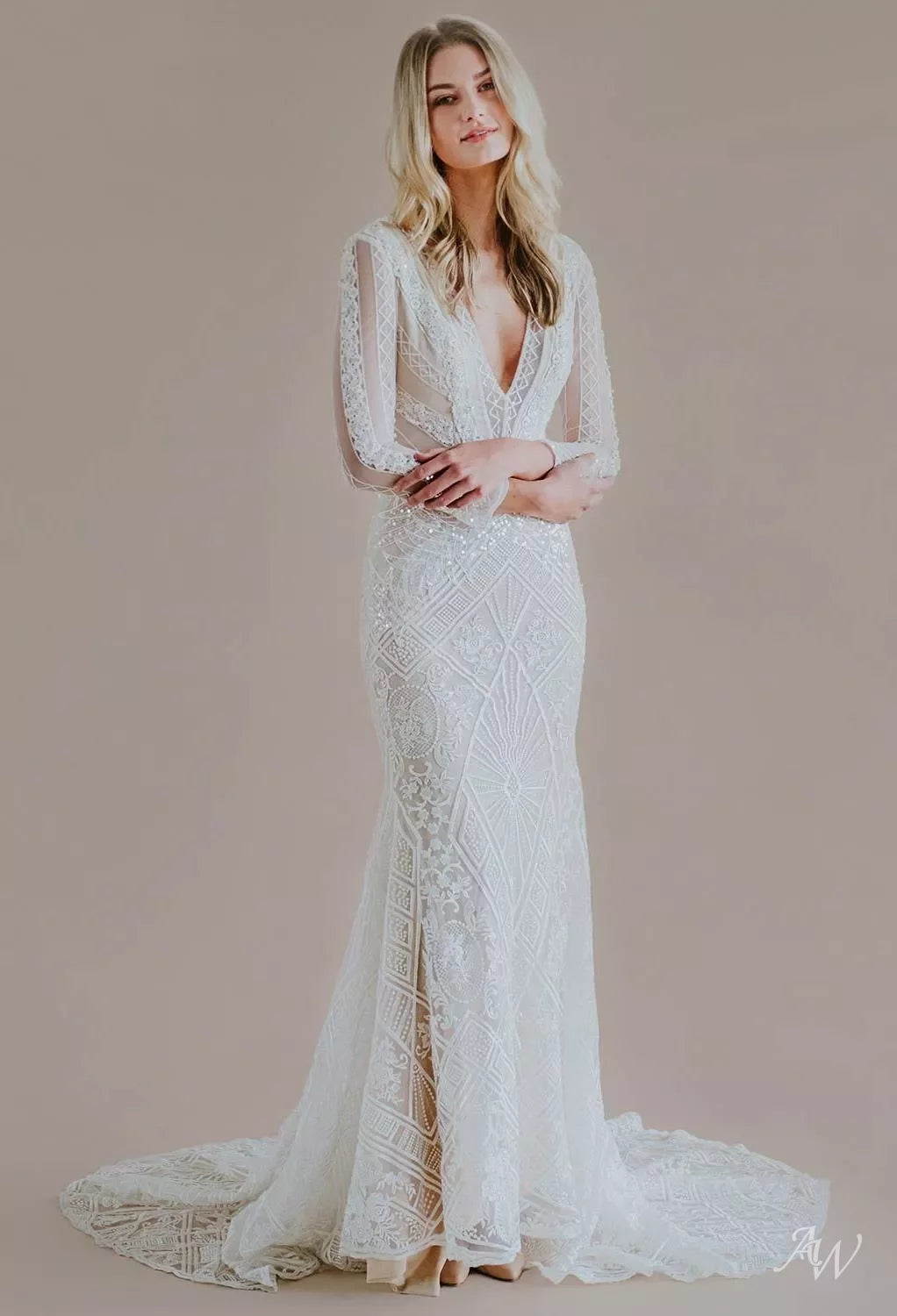 Long Sheer Sleeve Embroidery and Sequin Trumpet Style Wedding Dress