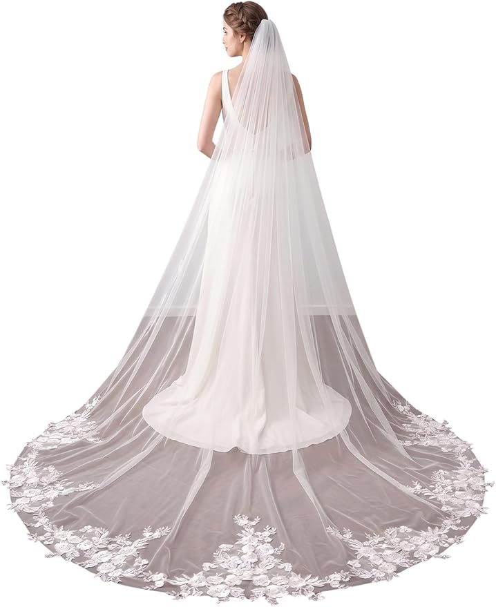 Long Cathedral Length Lace Bridal Wedding Veil With Metal Comb