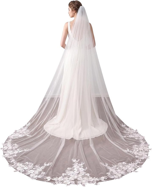 Long Cathedral Length Lace Bridal Wedding Veil With Metal Comb