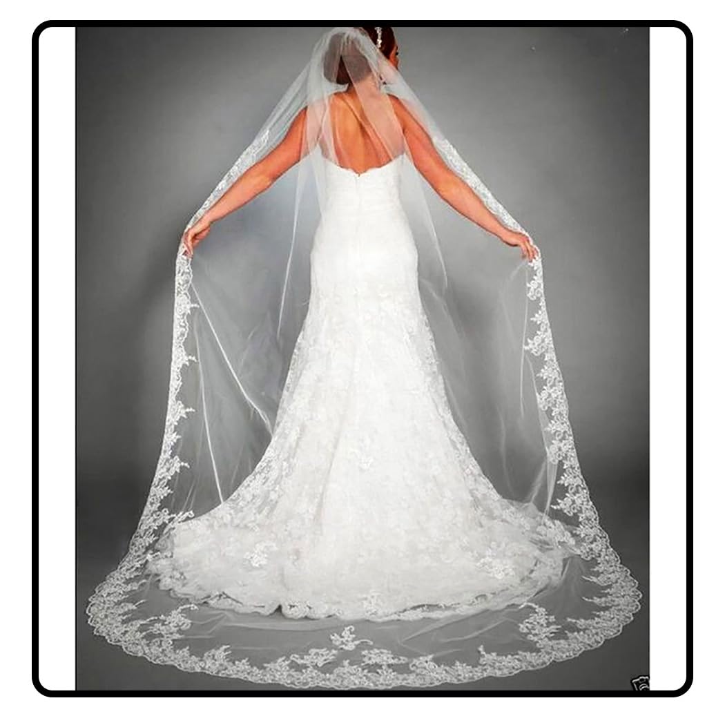 Long Cathedral Length Lace Bridal Wedding Veil With Metal Comb