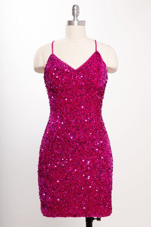 Spaghetti Strap Fitted Sequins Mini Dress with Corset Back Closure