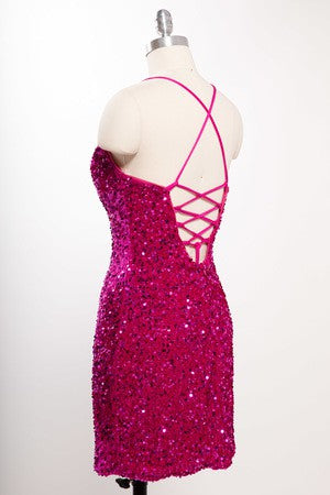 Spaghetti Strap Fitted Sequins Mini Dress with Corset Back Closure