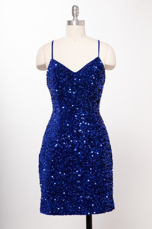 Spaghetti Strap Fitted Sequins Mini Dress with Corset Back Closure