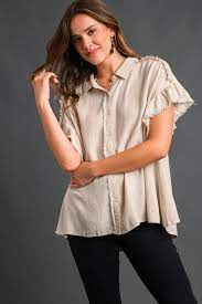 Linen Blend Collar Buttondown Short Sleeve Shirt with Frayed Hem