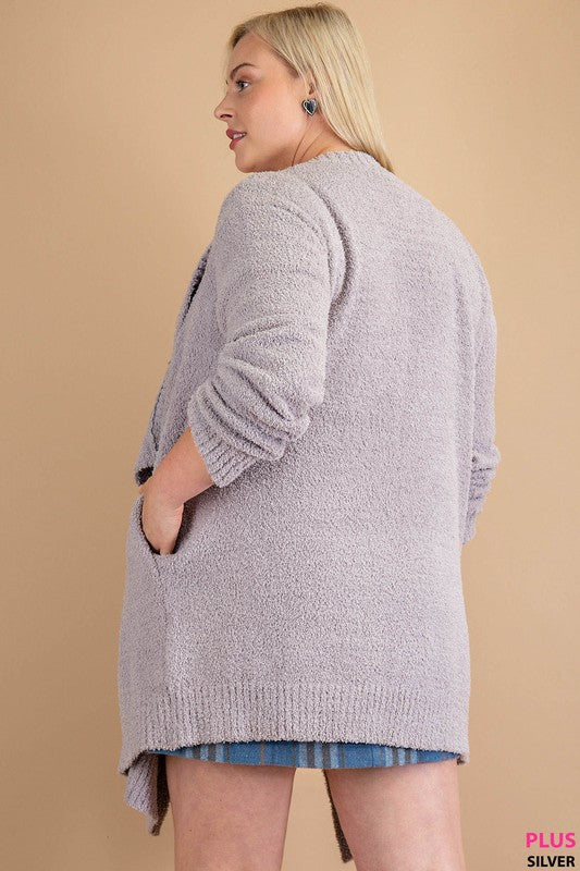 Curvy Long Sleeve Soft Popcorn Thread Front Flowy Open Cardigan