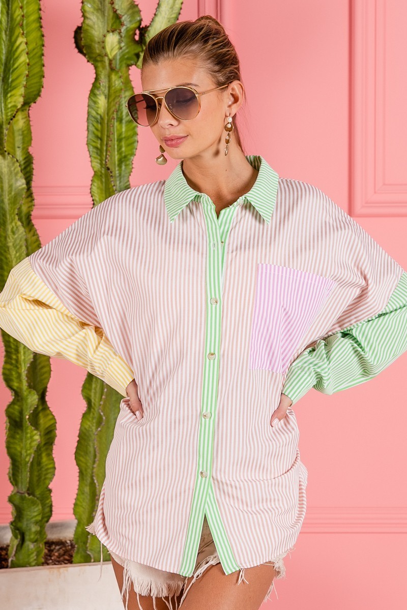 Long Sleeve Color Block Button Down Top