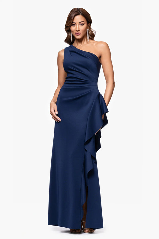 One Shoulder Scuba Crepe Long Formal Dress with Ruching and Ruffle Detail