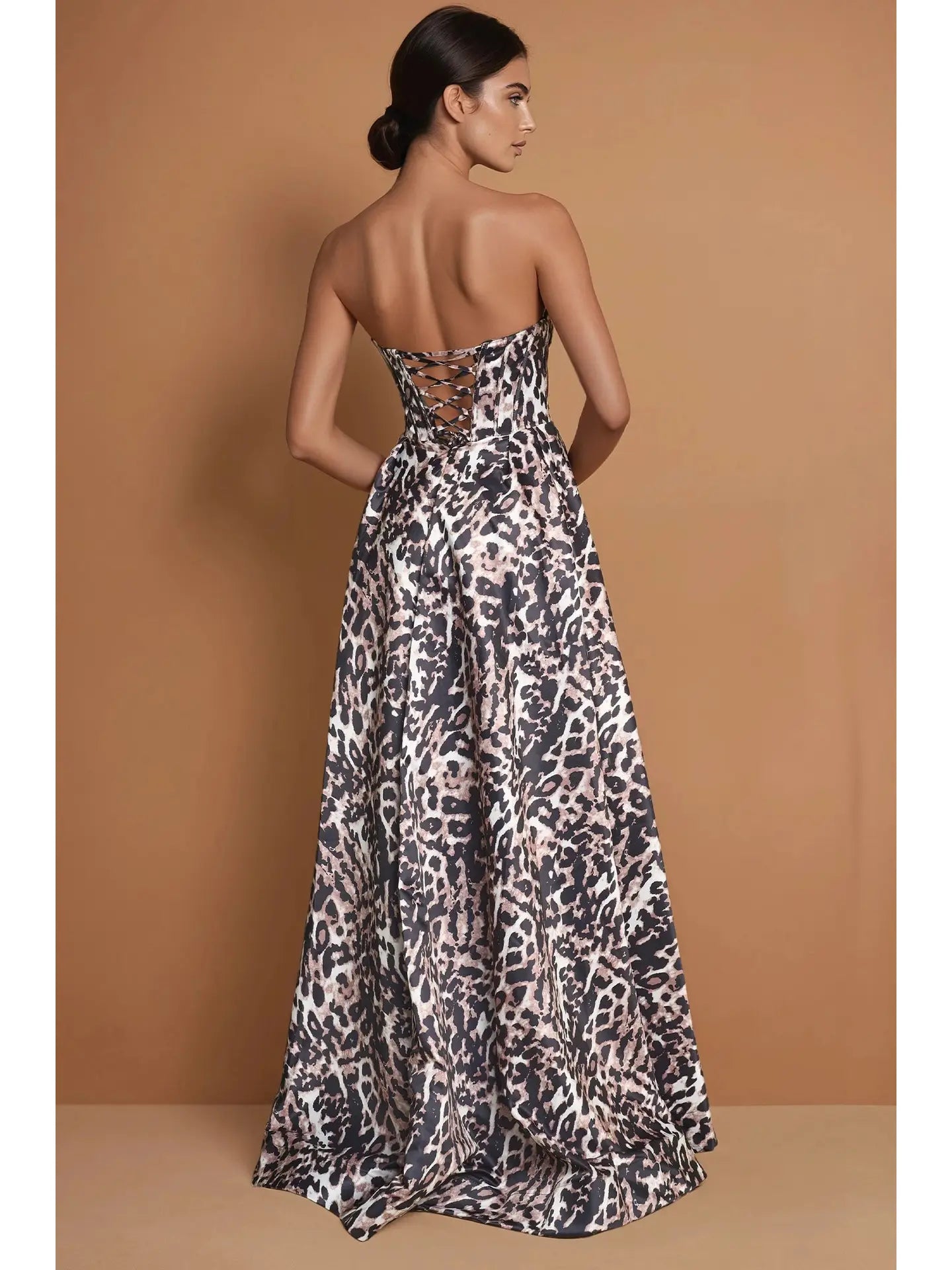 Strapless Leopard Print A LIne Long Formal Dress with Corset Back