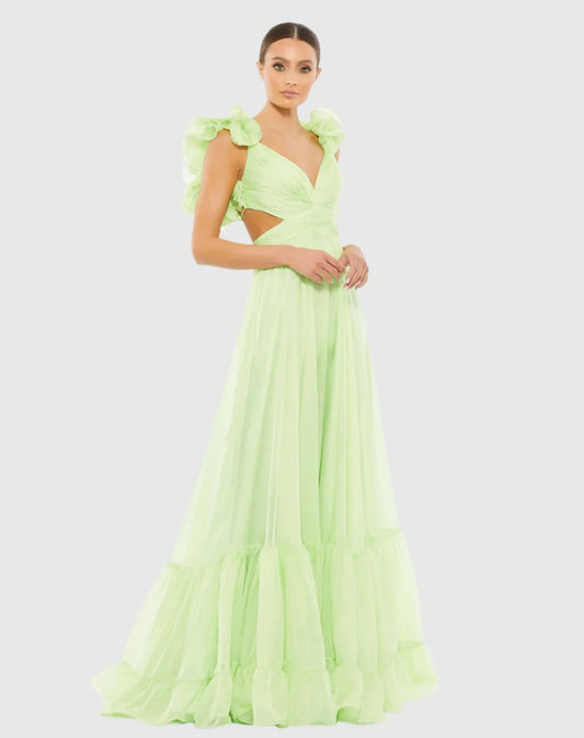 Ruffle Strap V Neck Tiered Cut-Out Long Chiffon Formal Dress with Open Corset Back