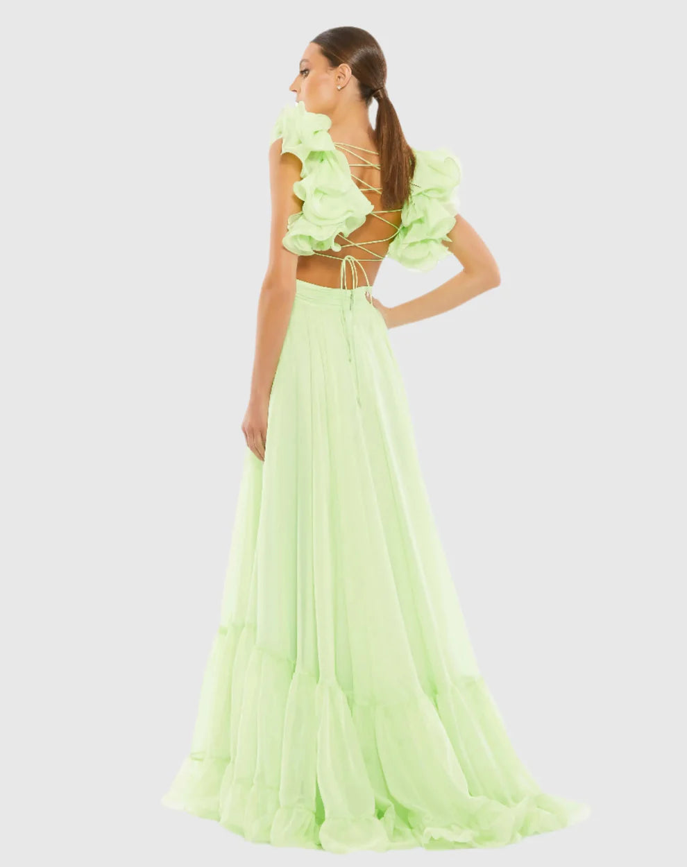Ruffle Strap V Neck Tiered Cut-Out Long Chiffon Formal Dress with Open Corset Back