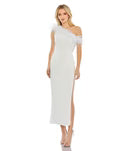 Assymetical Ostrich Feather One Shoulder Fitted Crepe Midi Dress with Side Slit