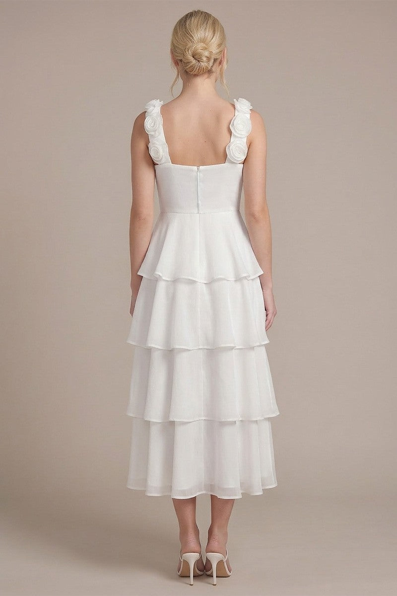 White Tiered Midi Dress With Lace Trim Straps