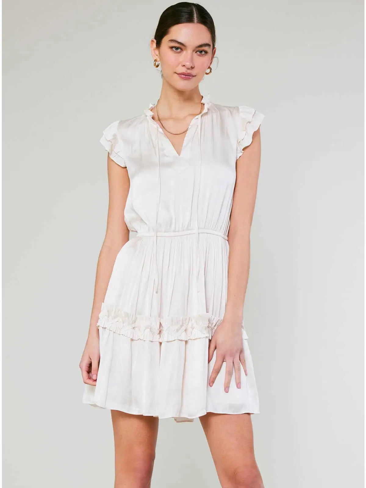 Flutter Sleeve Ruffle Detail Mini Dress with Elastic Cinch Waist