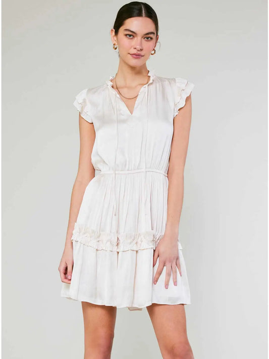 Flutter Sleeve Ruffle Detail Mini Dress with Elastic Cinch Waist