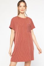 Curvy Ribbed Round Neck Short Sleeve Knit Mini Dress with Pockets at Bust