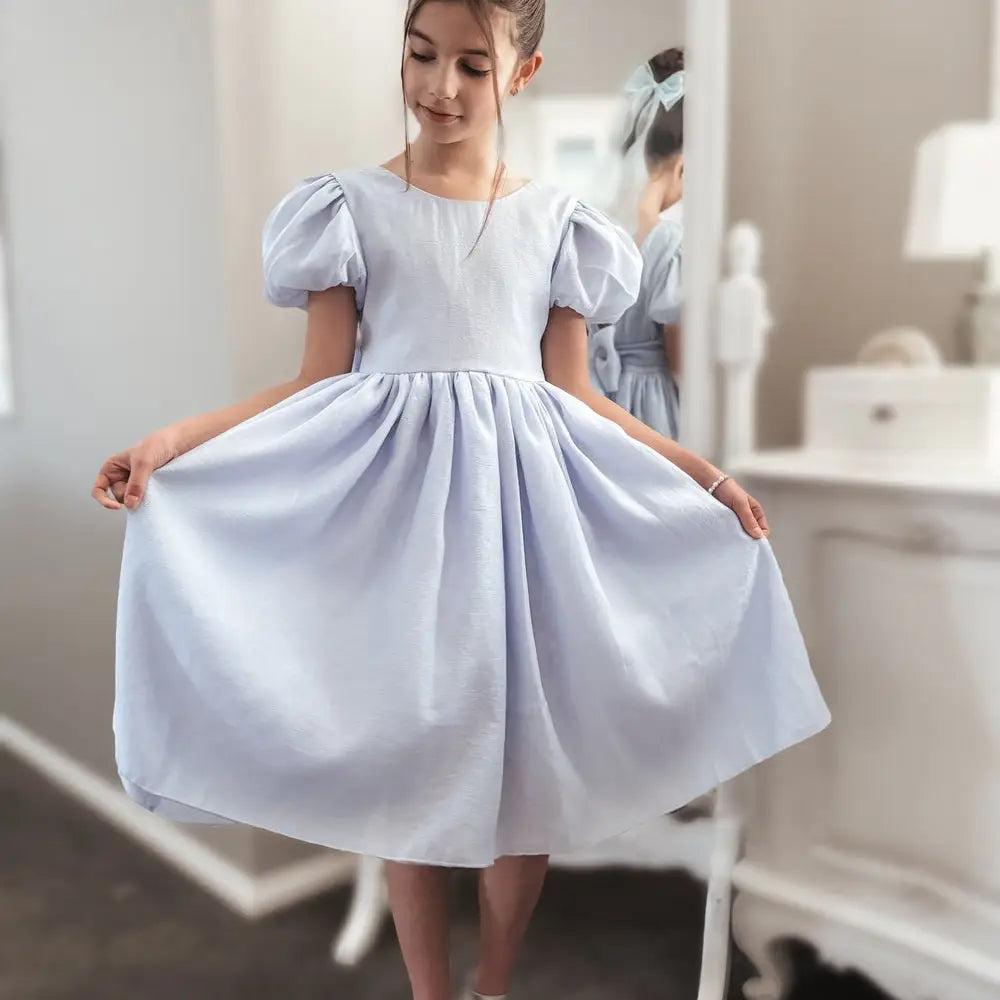 Girls Short Puff Sleeves Knee Length Fit and Flare with Tie Back