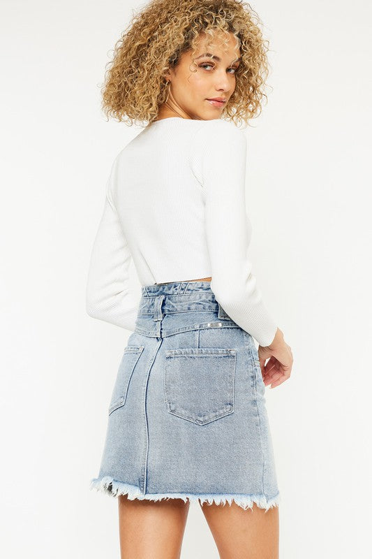 High Rise Frayed Hem Denim Mini Skirt with Pockets