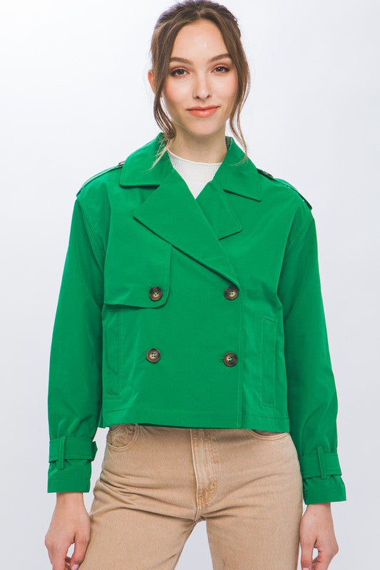 Long Sleeve Cropped Trench JAclet with Belt Sleeve Detail and Button Front Closure