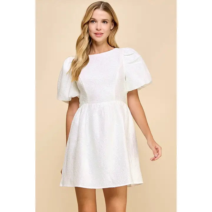 Short Puff Sleeve Textured Metallic Mini Dress with Back Accented Bows