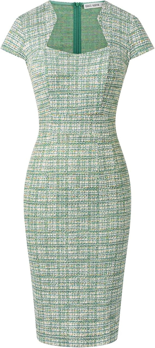 Short Cap Sleeve Tweed Bodycon Midi Blazer Dress