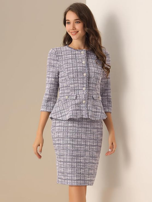 3/4 Sleeve Tweed Button Closure Blazer Dress with Peplum