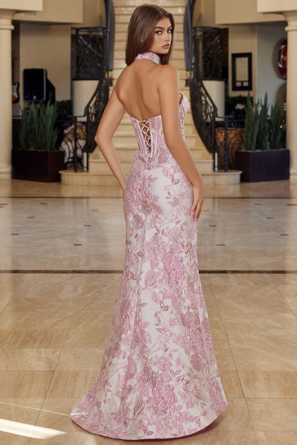 Strapless Fitted Jacquard Long Formal Dress with Matching Choker and Corset Back Closure
