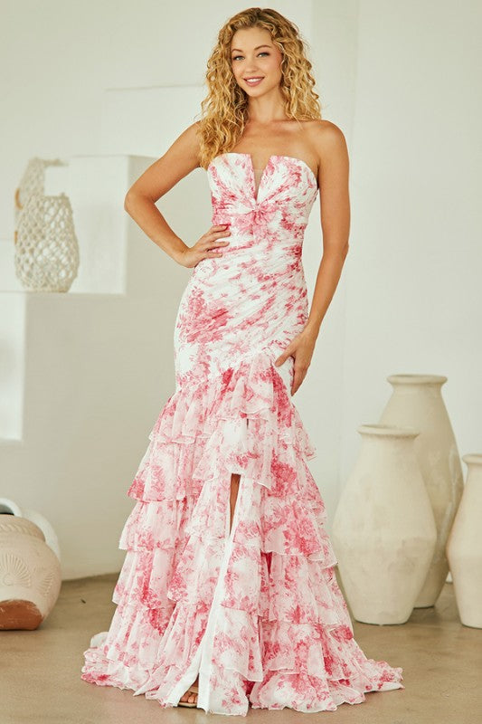 Strapless Floral V Neckline Long Formal Mermaid Dress