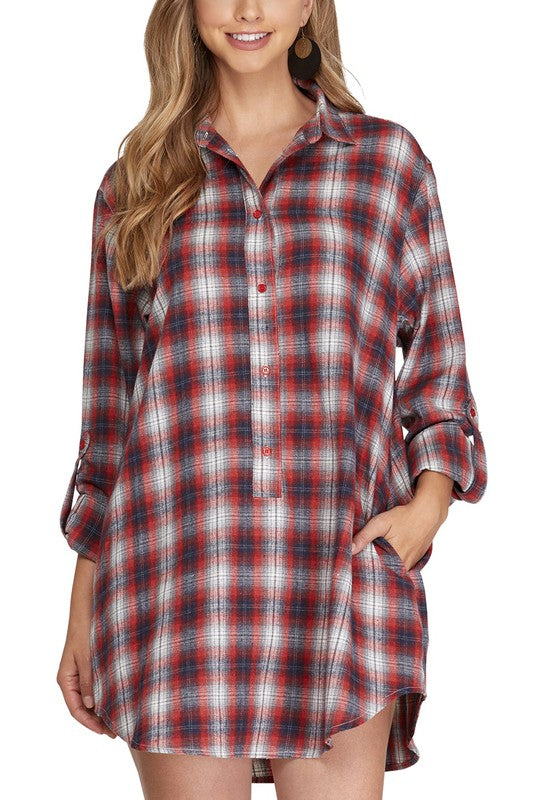 Long Sleeve Plaid Tunic Top with Pockets