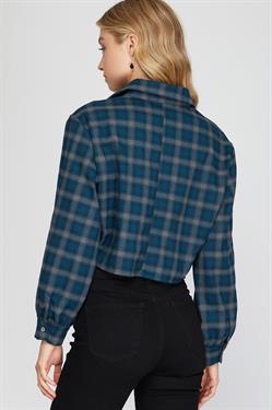 Long Sleeve Woven Plaid Buttondown Shirt with Front Tie Detail