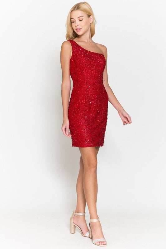 One Shoulder Full Sequins Mini Dress