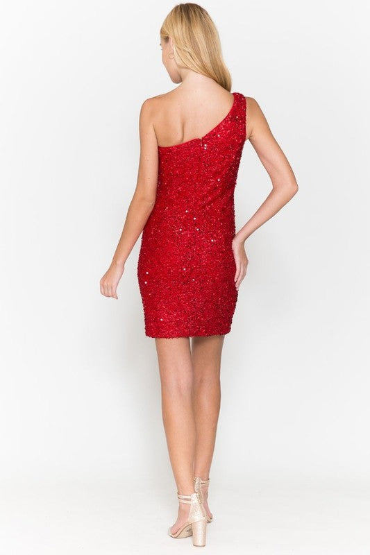 One Shoulder Full Sequins Mini Dress