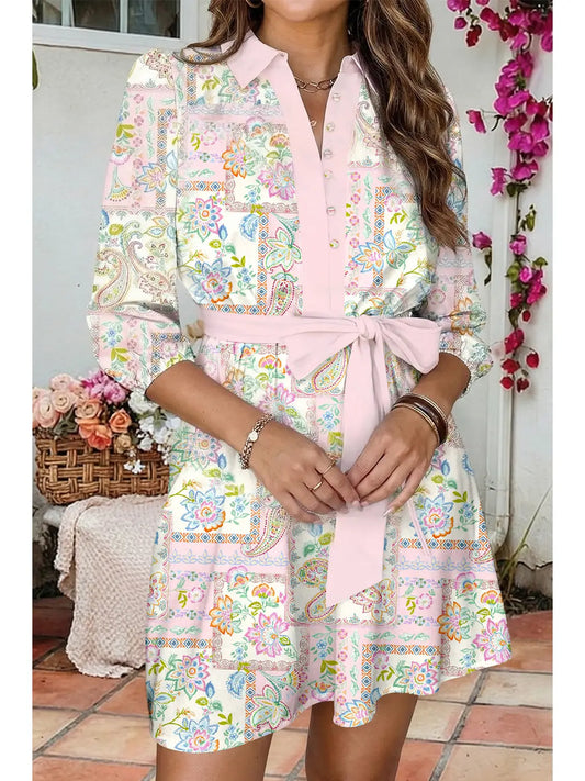 Quarter Sleeve Floral Print Color Block Trim Half Button Belted Mini Dress