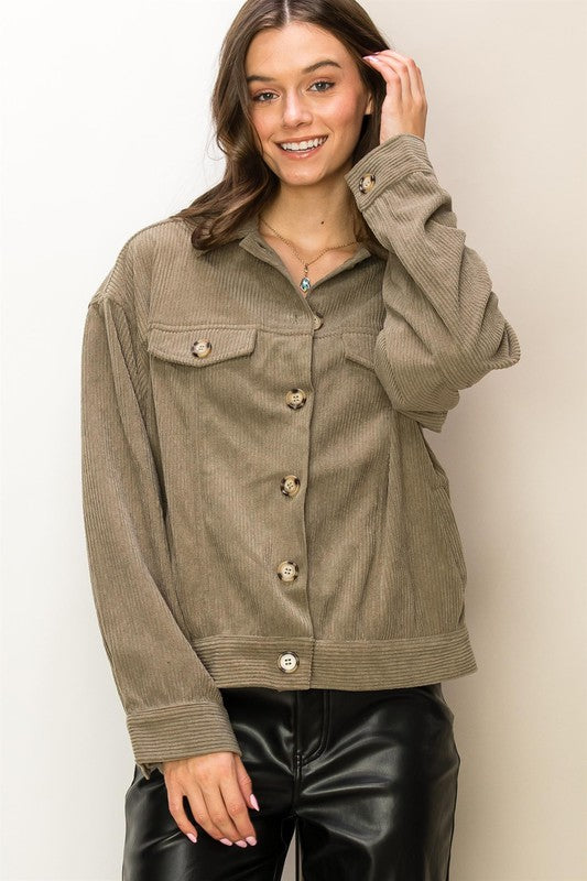 Long Sleeve Boyfriend Fit Courduroy Flap Jacket with Button Down Closure