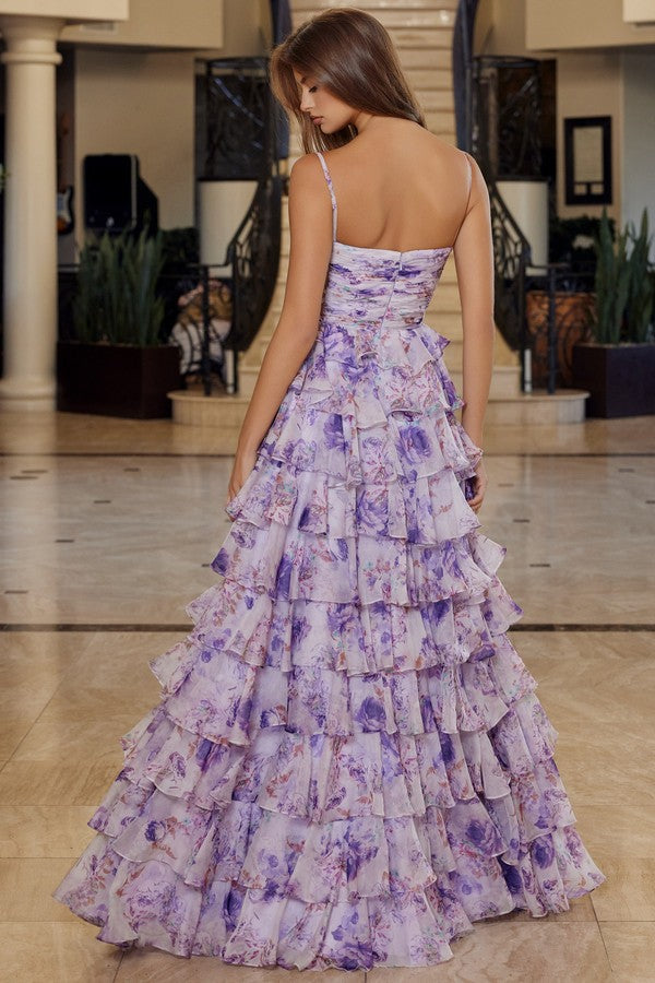 Adjustable Spaghetti Strap Floral Long Tiered Formal Dress with Side Slit