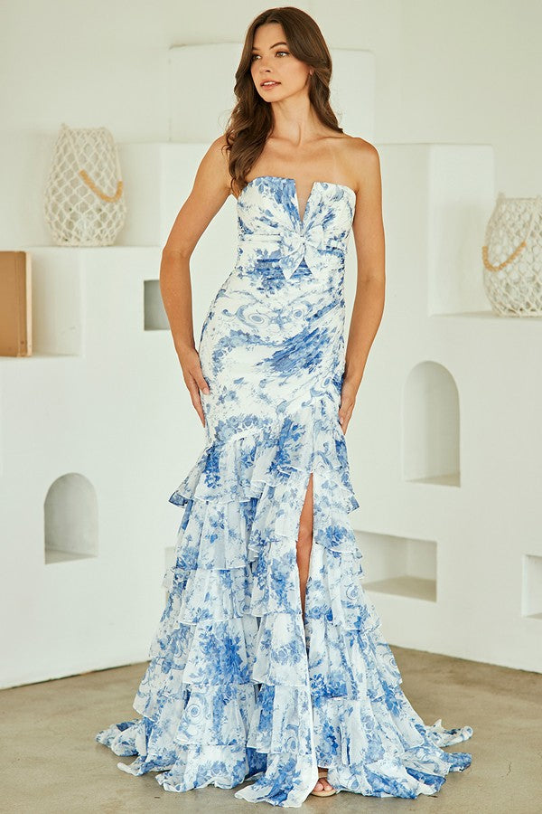 Strapless Floral V Neckline Long Formal Mermaid Dress