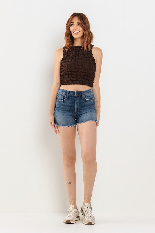 High Rise Stretch Denim Shorts with Star Patch Back Pockets