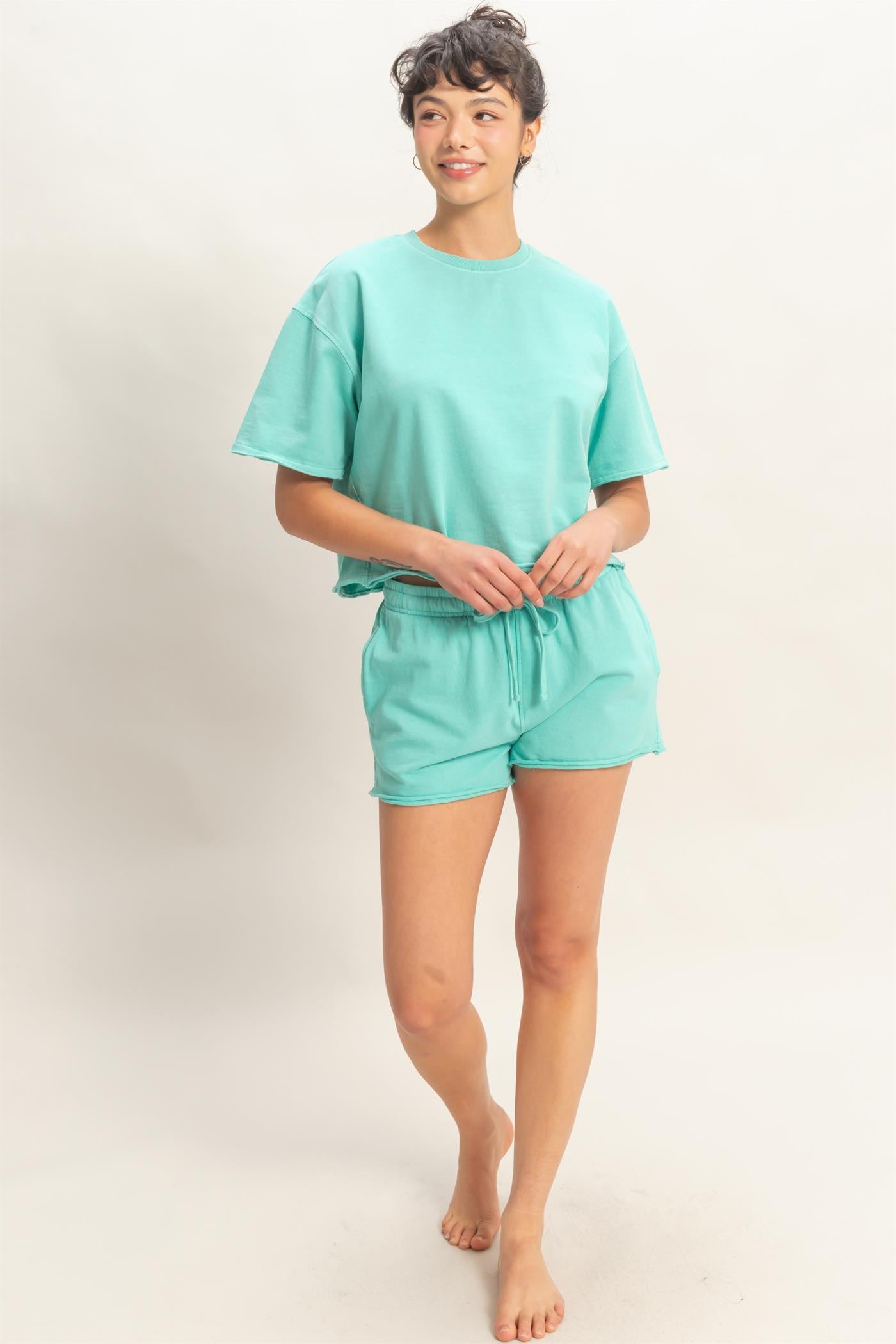 Two Piece Short Set with Short Sleeve Top and Matching Stone Washed Shorts