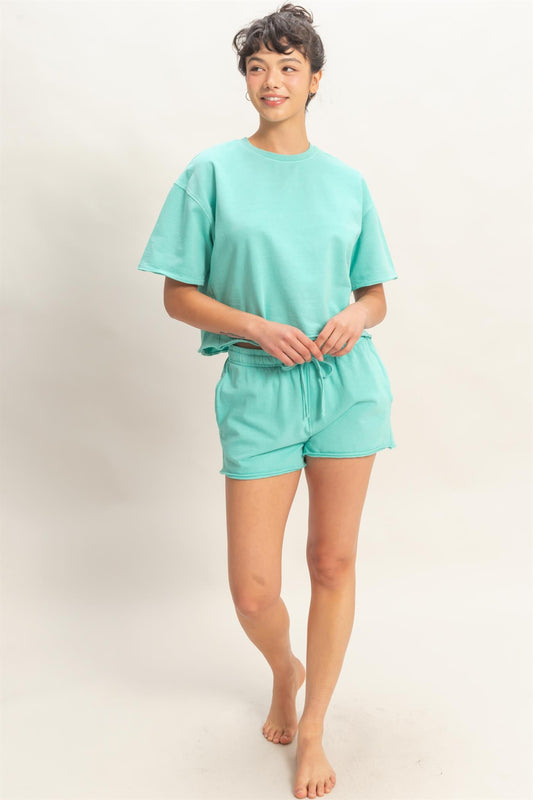 Two Piece Short Set with Short Sleeve Top and Matching Stone Washed Shorts