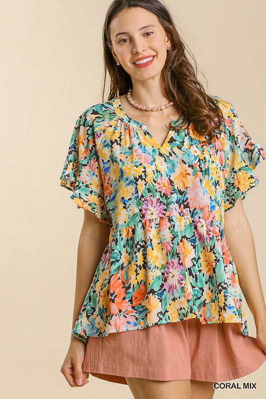 Floral Print Split Neck Short Ruffle Tiered Sleeve Top with High Low Hem