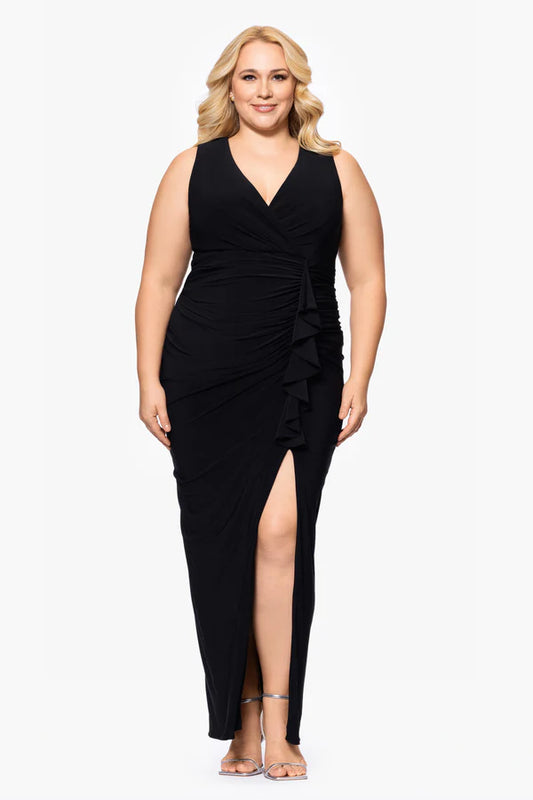 Curvy Sleeveless Fitted Maxi Dress with Side Ruffle and Stretch for the Perfect Fit