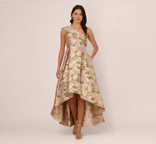 One Shoulder Metallic Floral Jacquard High Low Formal Dress with Pockets
