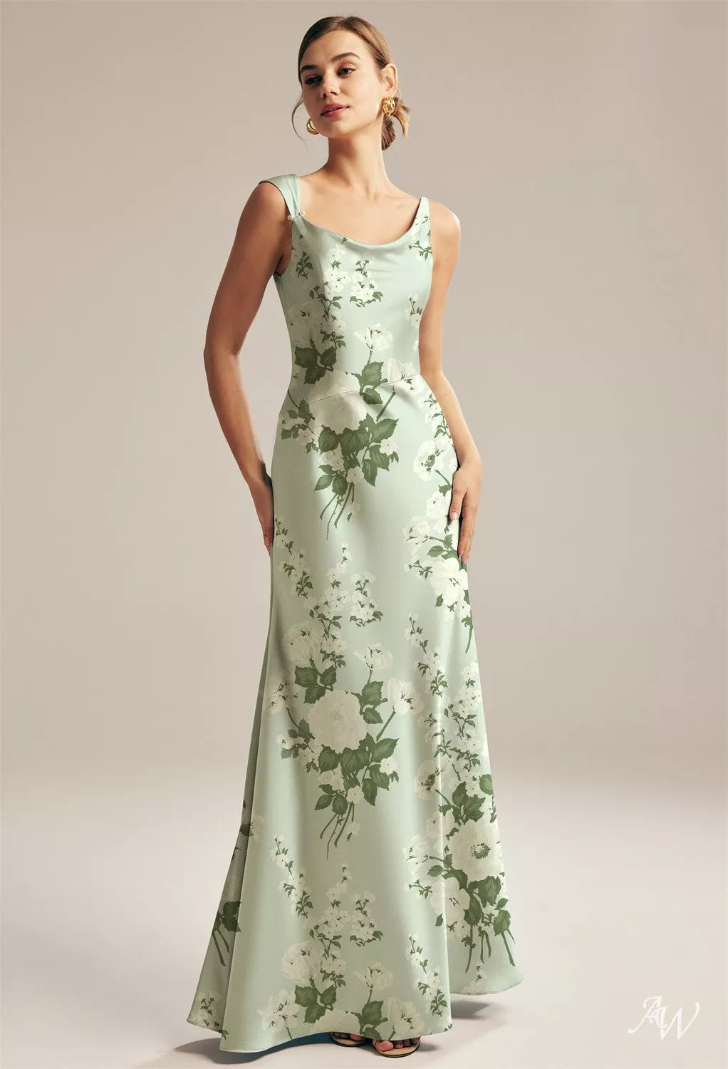 Green Floral Satin Charmeuse Maxi Dress