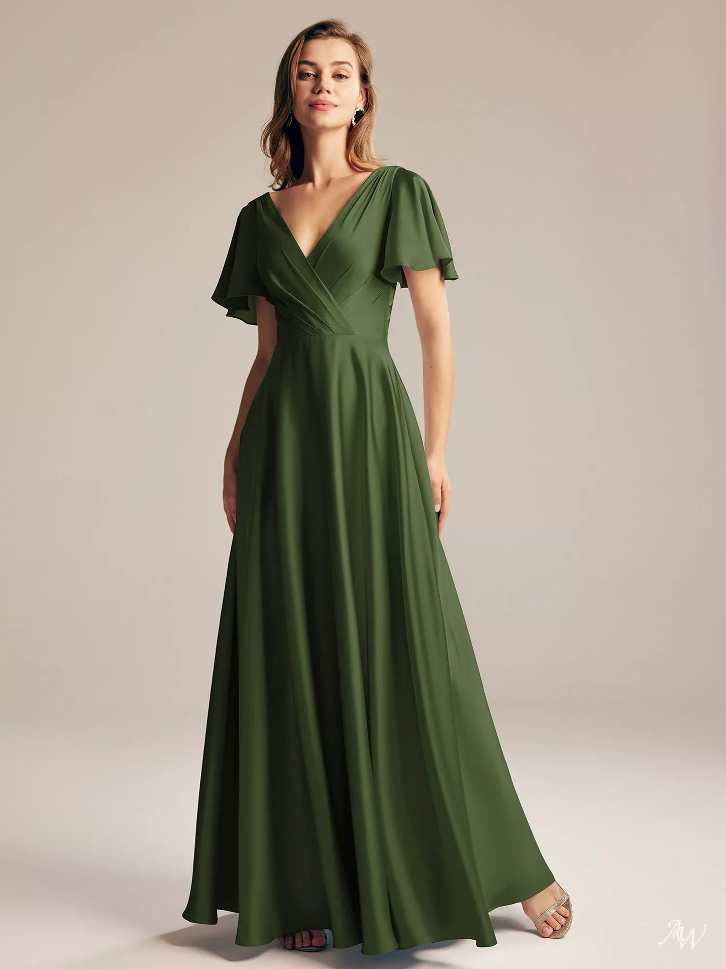 Olive Green Satin Charmeuse Long Formal Dress
