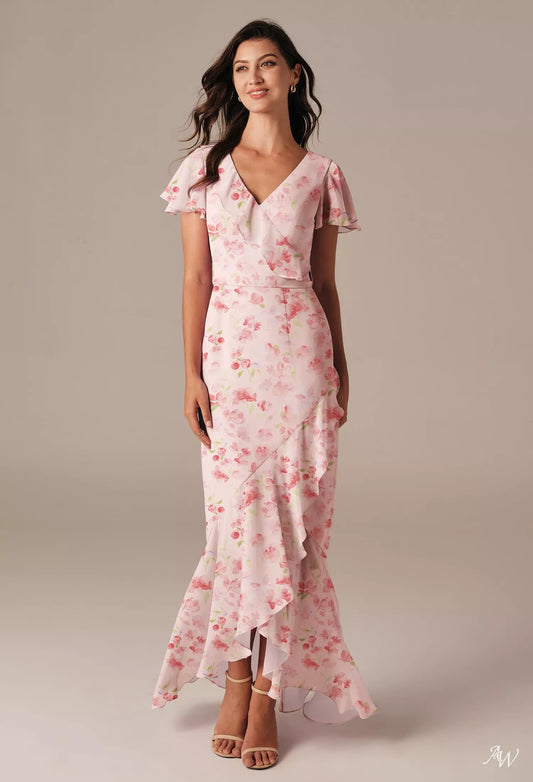 Peach Floral Chiffon Maxi Dress