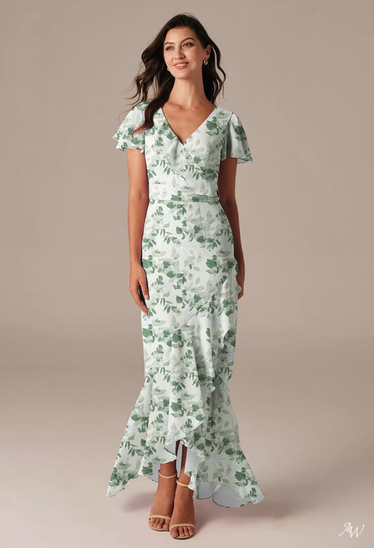 TEA GREEN CHIFFON FLORAL MAXI DRESS
