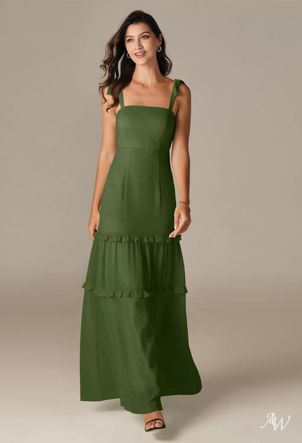 Olive Green Chiffon Formal Maxi Dress
