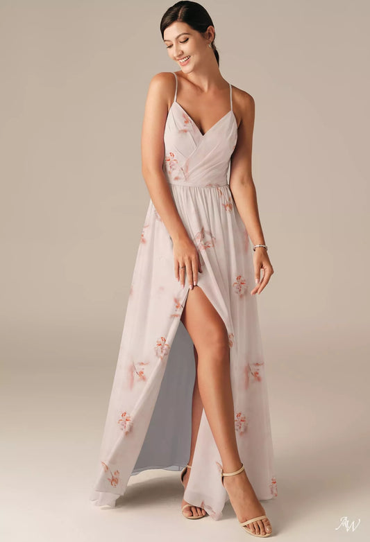 Spaghetti Strap V Neck Fit and Flare Floral Maxi Dress with Slit