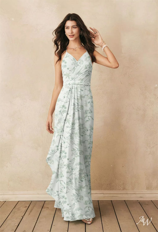 Verdant Wilds Green Floral Chiffon Formal Maxi Dress